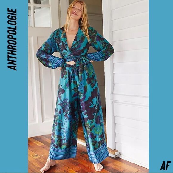 ANTHROPOLOGIE BY MARY O’MOLLY SILK JUMPSUIT IN BLUE GREEN FLORAL MEDIUM NWT - Picture 1 of 12